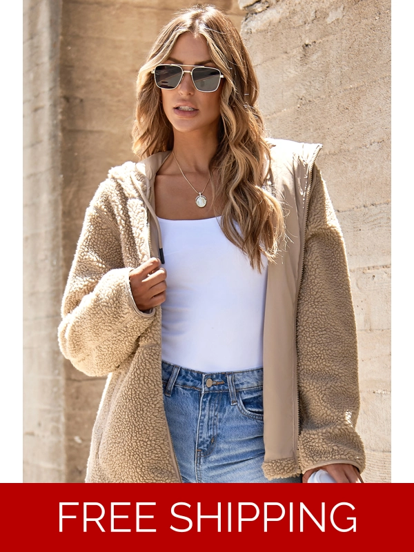 Pale Khaki Fleece Zip Up Drawstring Hooded Pocketed Jacket